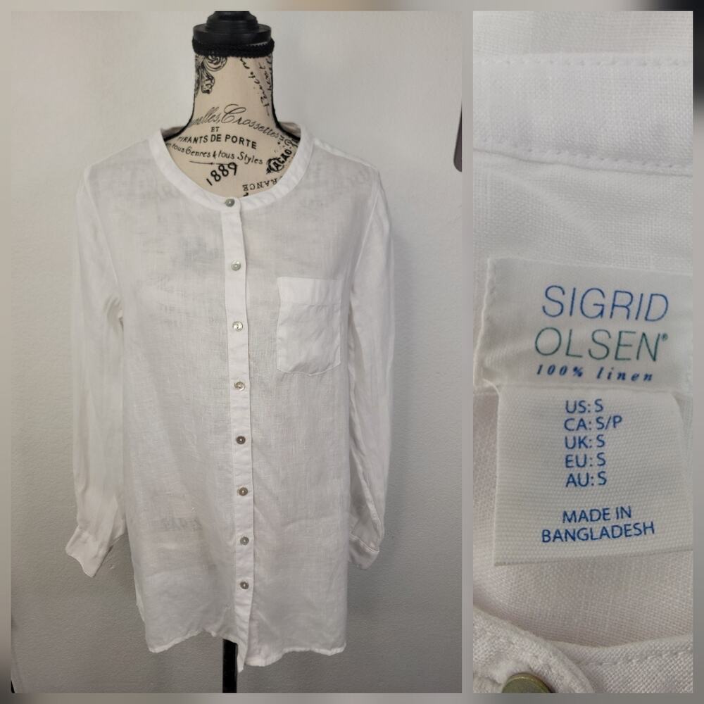 Sigrid Olsen Shirt Womens SZ S 100% Linen Relax White Button-Up Pockets Coastal